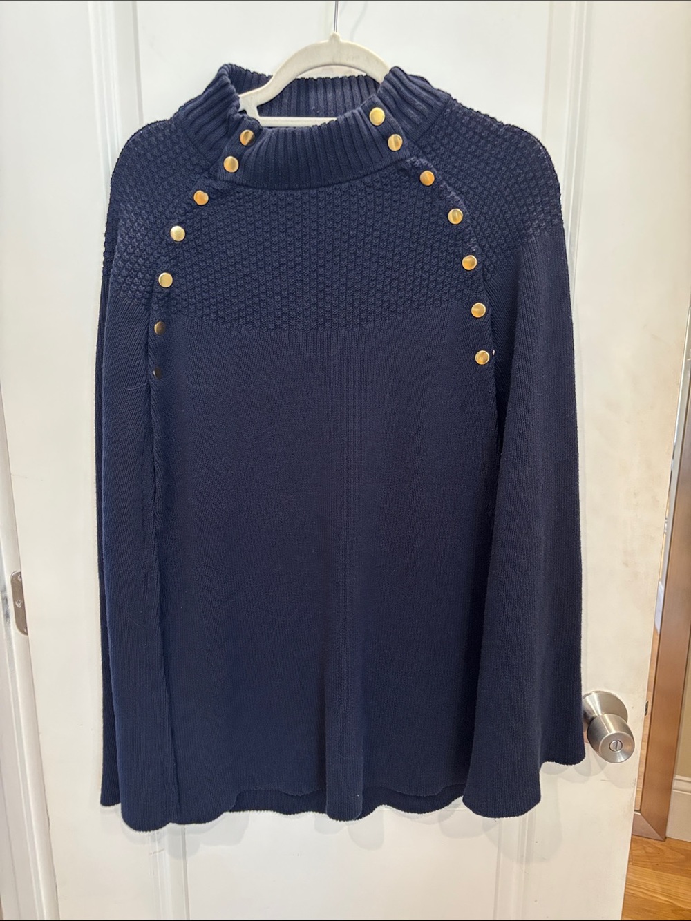 Navy Button-Accent Knit Cape